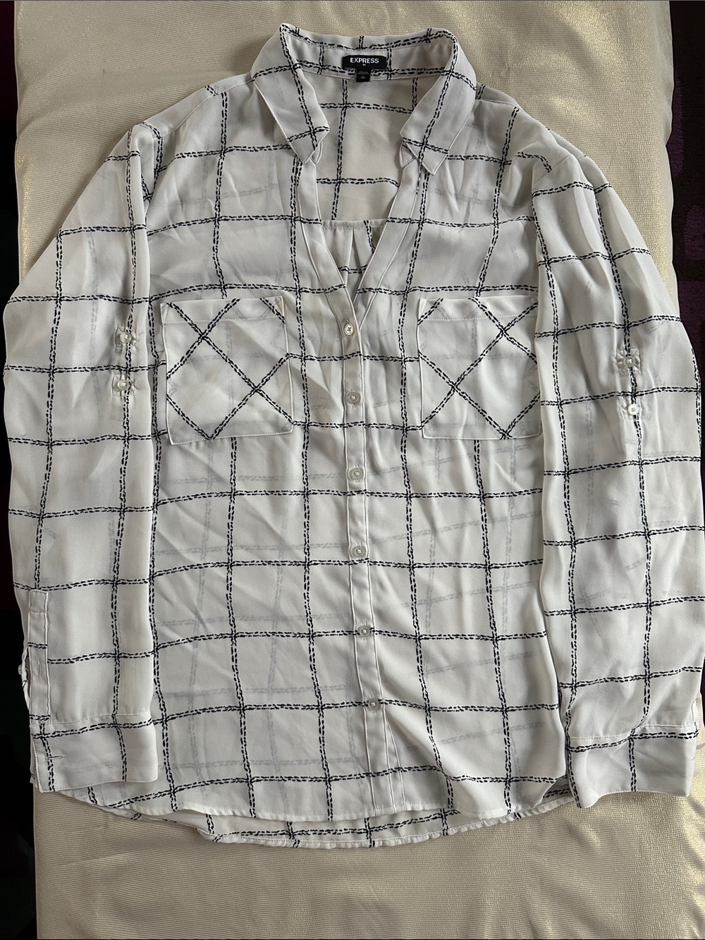 Express White Button-Down Shirt with Black Windowpane